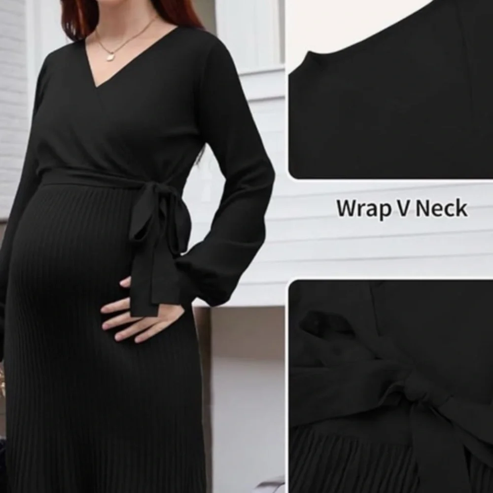 Maternity Sweater Dress Long Sleeve Pregnancy Photoshoot Baby Shower Black L - Picture 4 of 7
